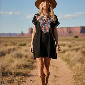 Savanna Jane Floral Embroidered Boho Festival Western Hippie Tunic Shift Dress M